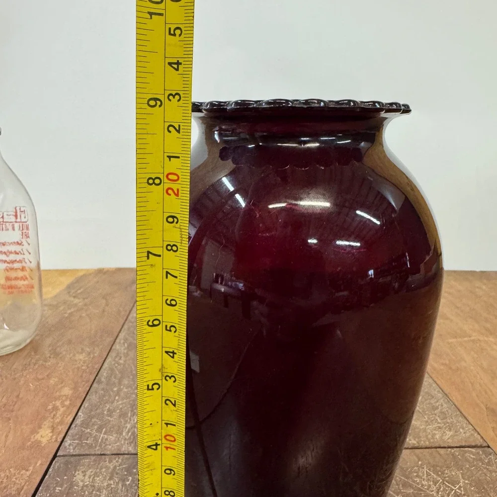 Ruby Red MCM Glass Vase with‎ Ruffled Rim Home Decor Flower Vase